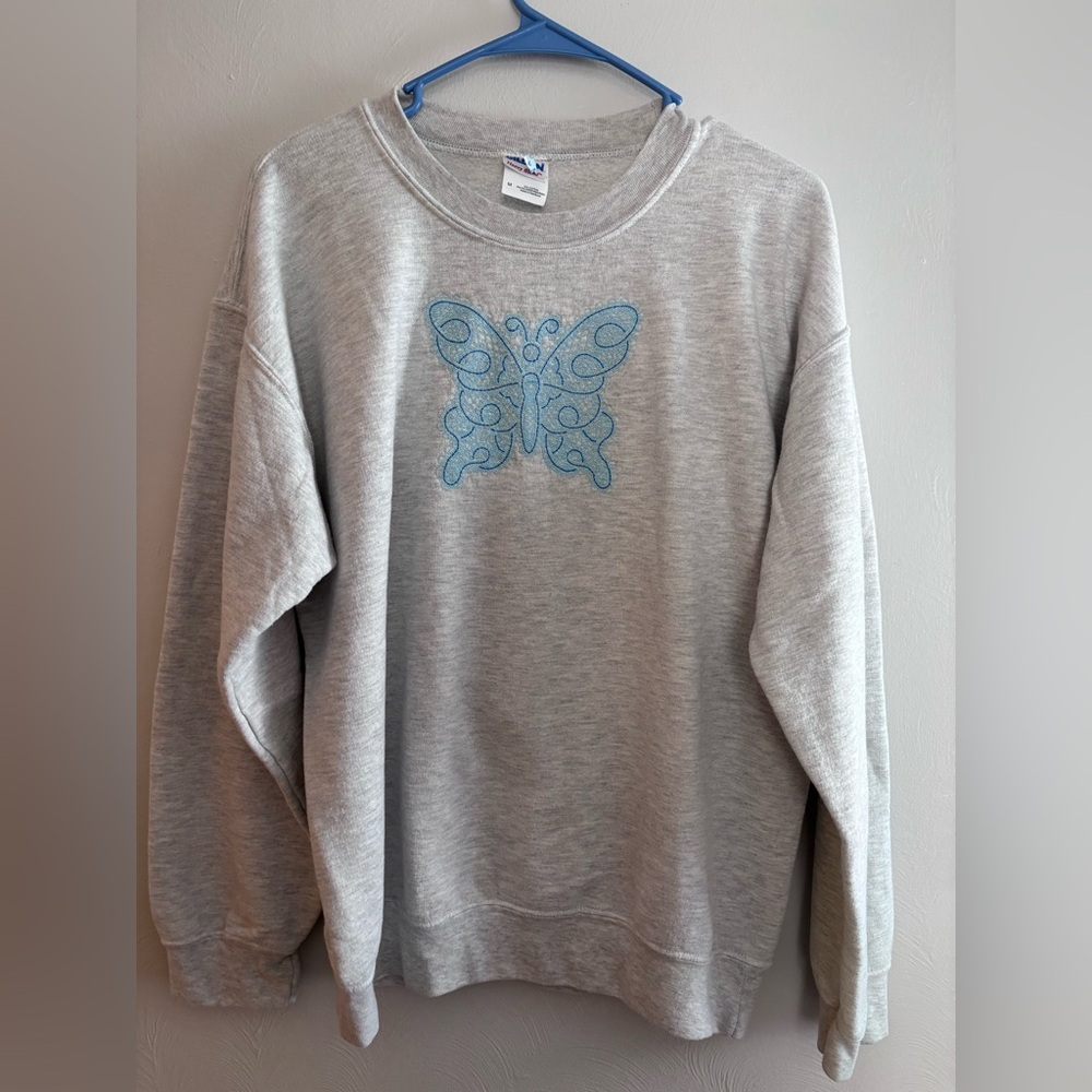 Gildan Light Gray Sweatshirt with Blue Butterfly Design